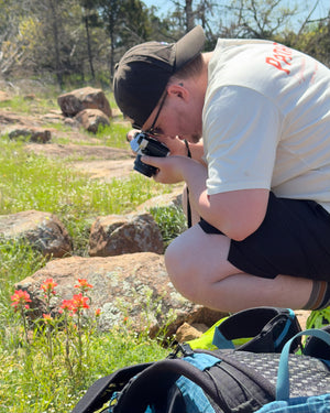 Man taking a photo of flowers in a forest