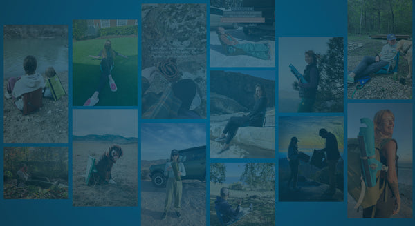 Collage of people sitting in their Crazy Creek camping chairs smiling with kayaks on a blue gradient background
