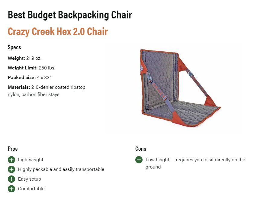 ステイシー　5.9   24L グリズリー 2024 Winner - Best Budget Backpacking Chair – Crazy Creek Products