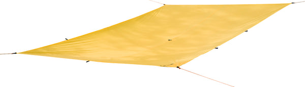 Yellow tarp with white stakes on a white background