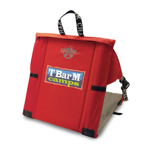 Red camping chair with TBarM camps logo on a white background
