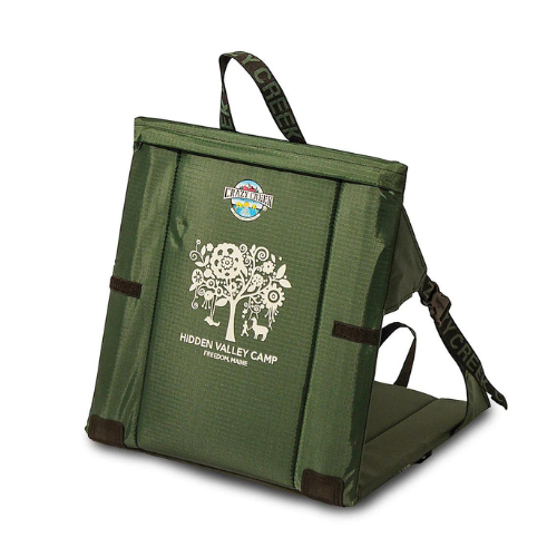 Green camping chair with 'Hidden Valley Camp' logo screen print on a white background