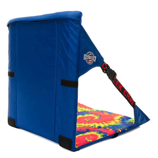 Blue and tie Dye Crazy Creek Chair on White Background