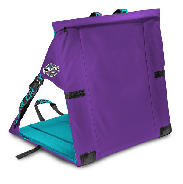 Back Purple and teal Crazy Creek Chair on White Background
